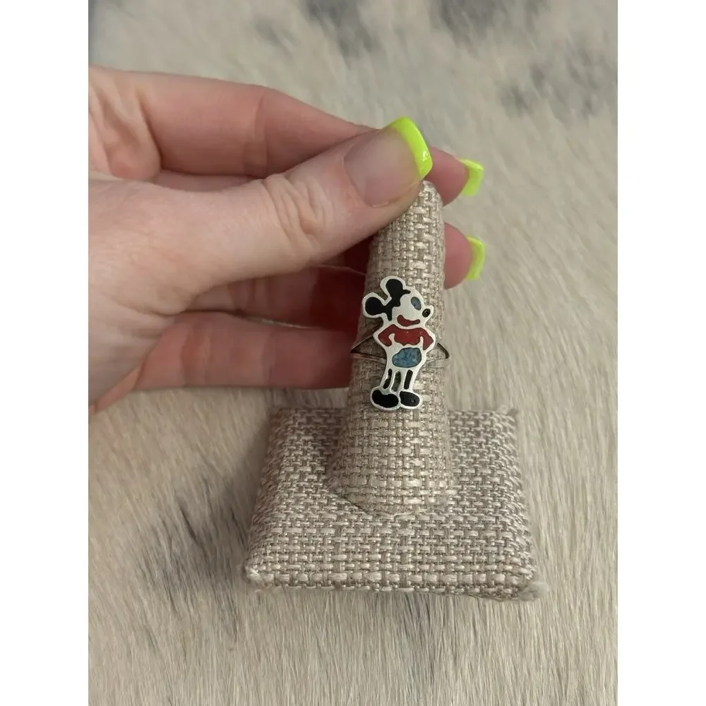 Sterling Silver Crushed Inlay Mickey Mouse Character Ring Turquoise Coral Onyx